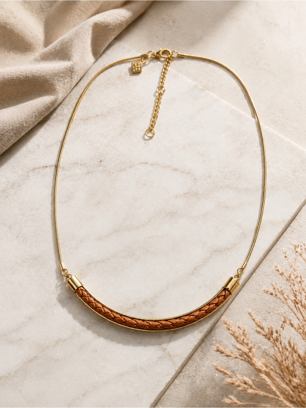 Vintage Avon Inlaid Leather Braided Collar Necklace Gold Snake Chain Choker